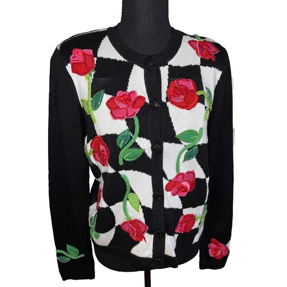 Embellished Red Roses Check Cardigan Sequin Size Small Black White Embroidery - Picture 4 of 16